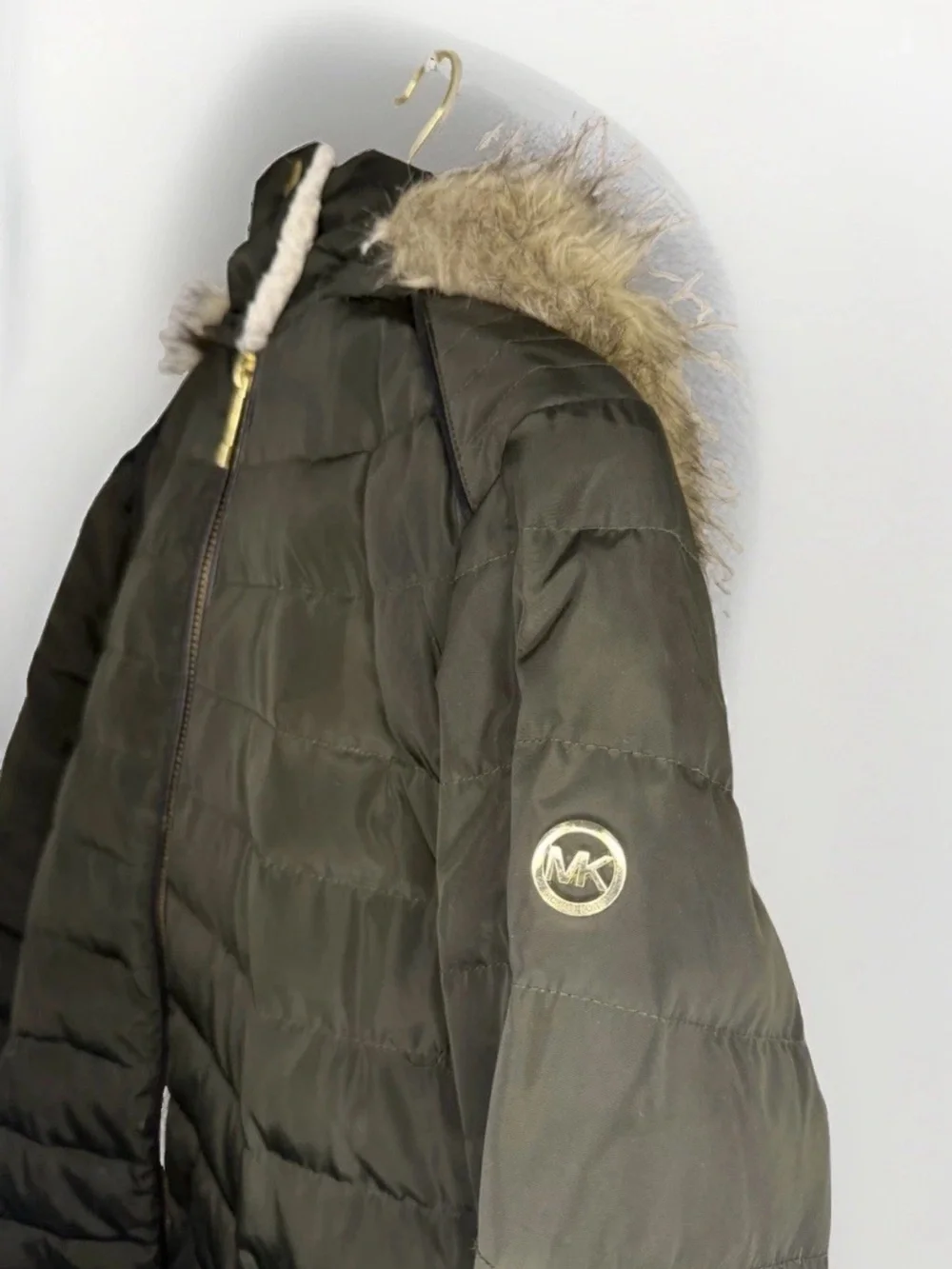 Michael Kors Olive Green Puffer Jacket with Faux Fur Trim
